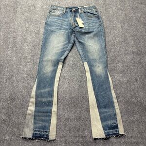 MNML Jeans Mens 29 Blue Flare Boot Denim Button-Fly Distressed Raw Hem B133